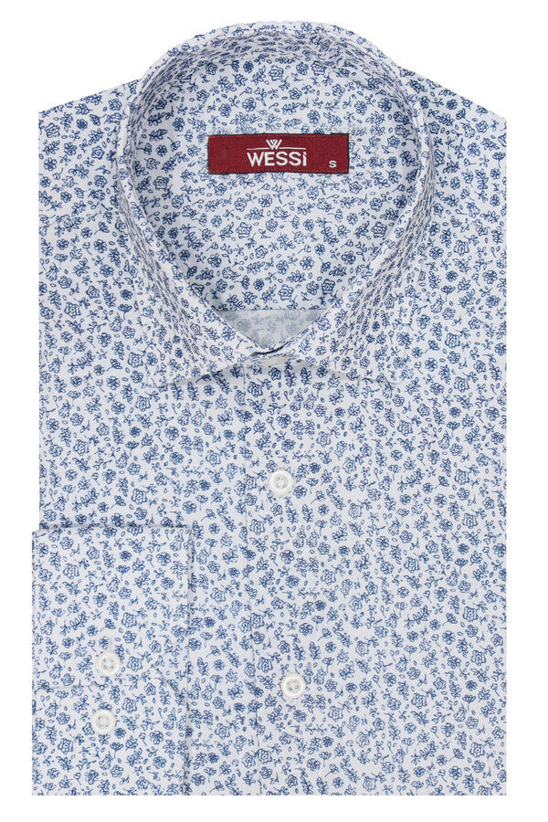 WSS Blue Floral Patterned Slim Fit White Men Shirt  - Chaïdári