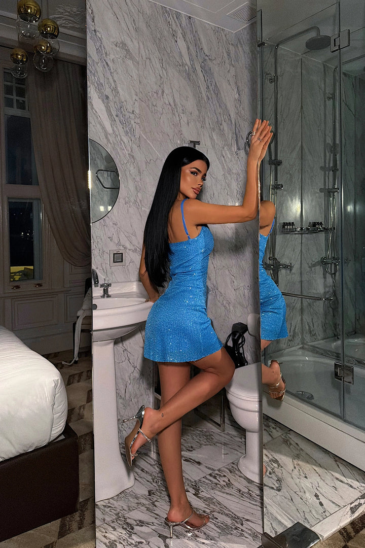 EYY Women Mavi Parıltılı Askılı Mini Elbise - Charlotte