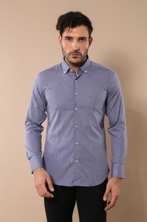 WSS Blue Plain Linen Men's Shirt  - Charlotte