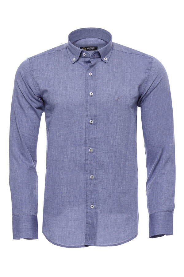 WSS Blue Plain Linen Men's Shirt  - Charlotte
