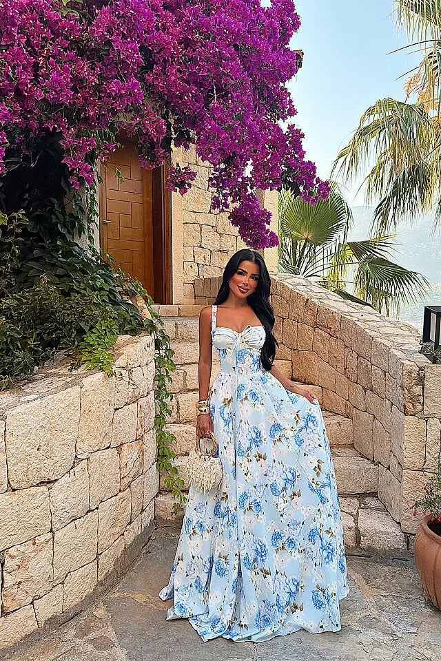 EYY Women Blue Strappy Floral Print Dress - Holubivske