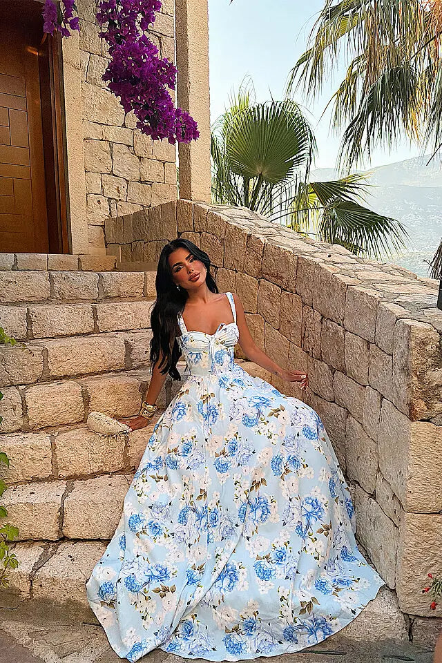 EYY Women Blue Strappy Floral Print Dress - Holubivske