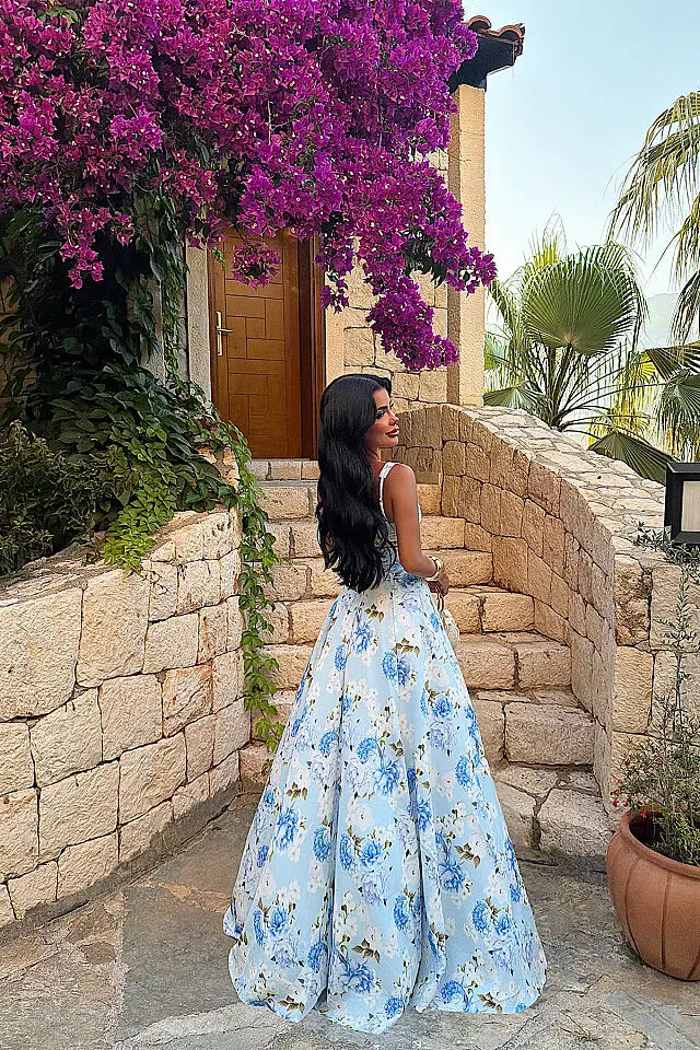 EYY Women Blue Strappy Floral Print Dress - Holubivske