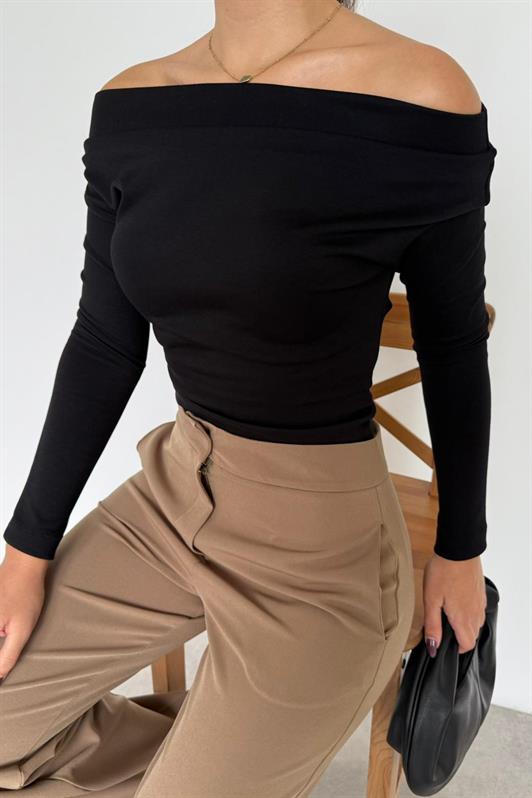 MDX Siyah Kadın Off Shoulder Uzun Kollu Bluz MG2567 - Lingen