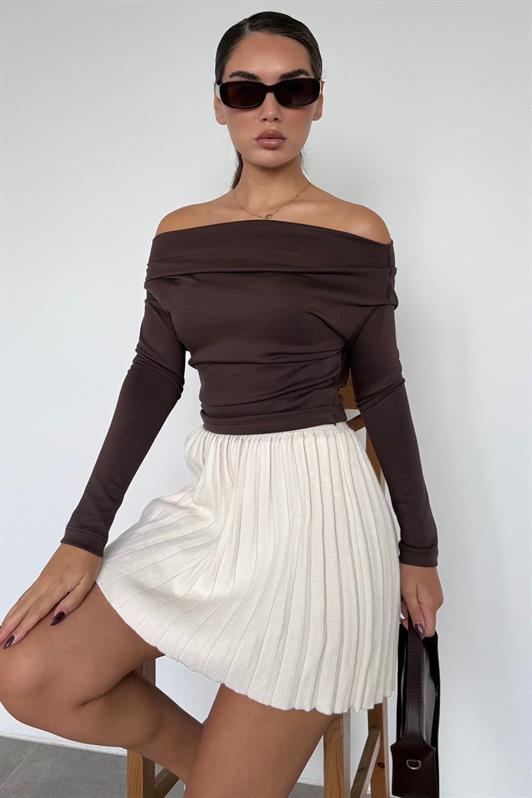 MDX Kahverengi Kadın Off Shoulder Uzun Kollu Bluz MG2567 - Coevorden