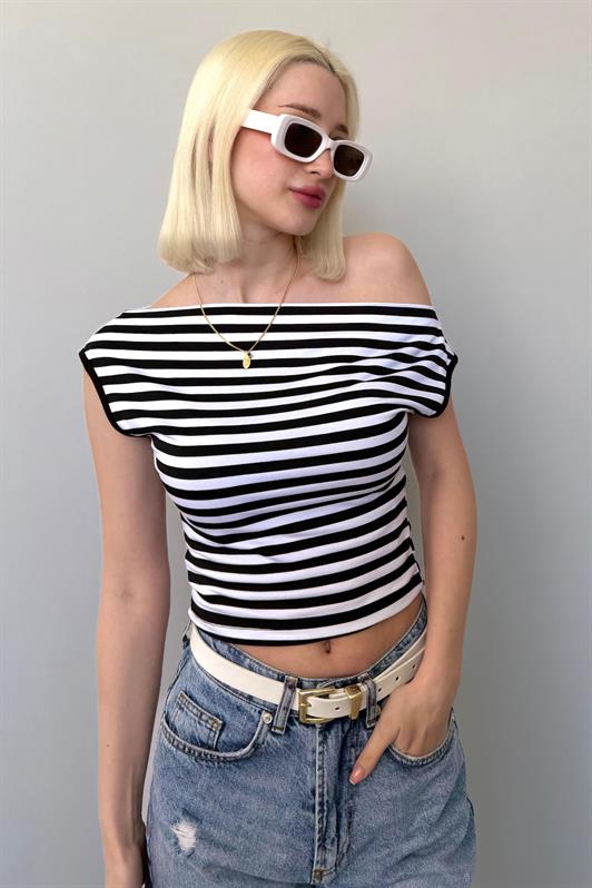 MDX Black Low Shoulder Striped Blouse Mg2467 - Newark