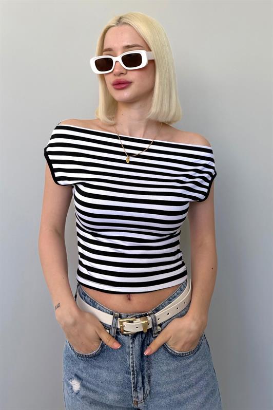 MDX Black Low Shoulder Striped Blouse Mg2467 - Newark