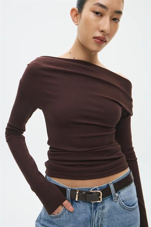 MDX Kahverengi Kadın Off Shoulder Uzun Kollu Bluz MG2567 - Coevorden
