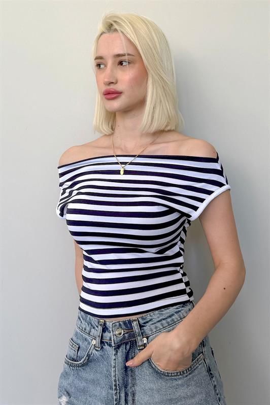 MDX Navy Blue Off-Shoulder Striped Blouse Mg2467 - Apple Valley