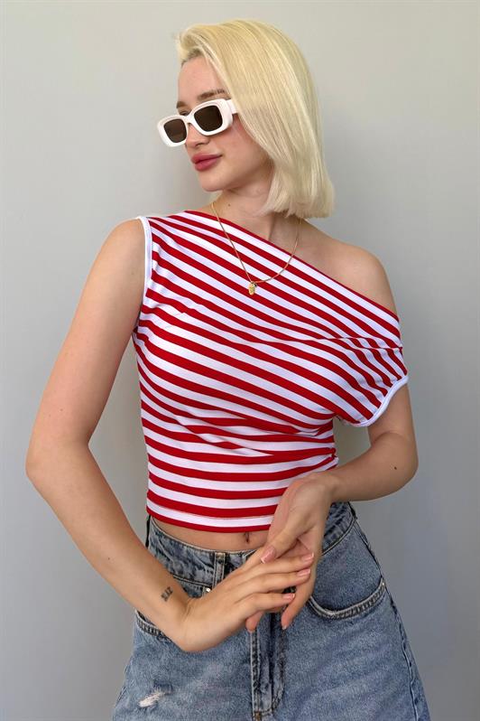 MDX Red Off-Shoulder Striped Blouse Mg2467 - Caen