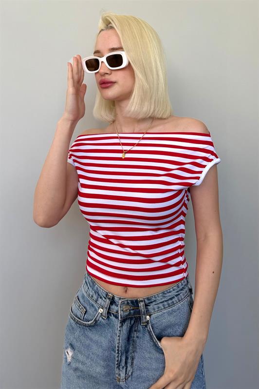 MDX Red Off-Shoulder Striped Blouse Mg2467 - Caen