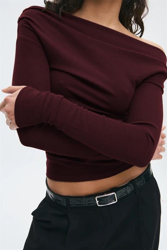 MDX Burgundy Women's Off Shoulder Long Sleeve Blouse MG2567 - Acambay