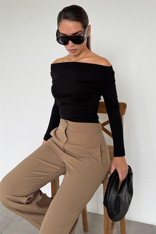 MDX Siyah Kadın Off Shoulder Uzun Kollu Bluz MG2567 - Lingen