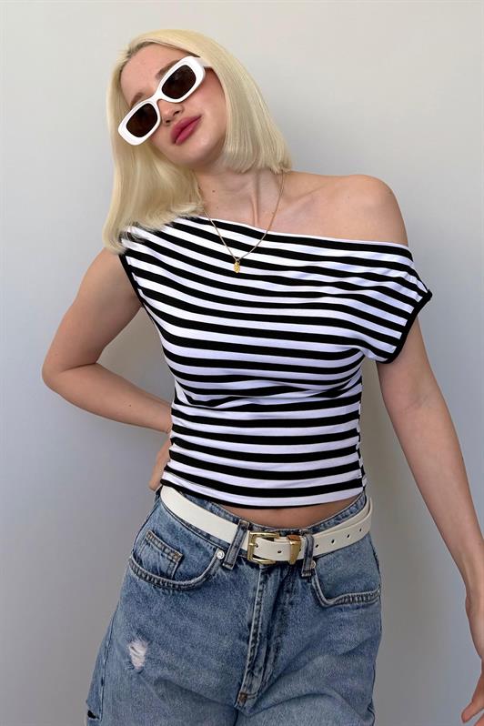 MDX Black Low Shoulder Striped Blouse Mg2467 - Newark