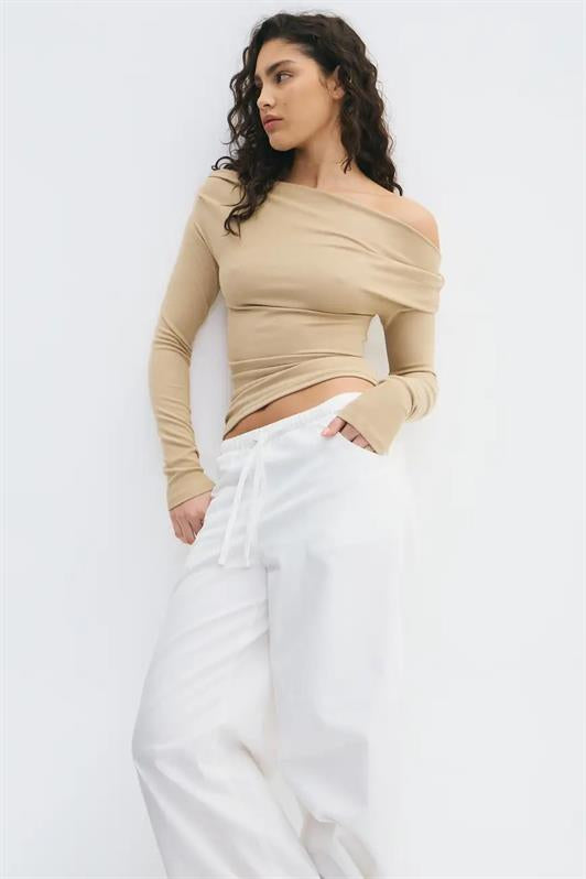 MDX Bej Kadın Off Shoulder Uzun Kollu Bluz MG2567 - Grapevine