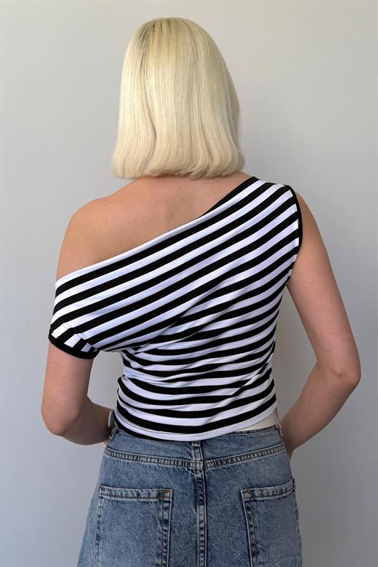 MDX Black Low Shoulder Striped Blouse Mg2467 - Newark