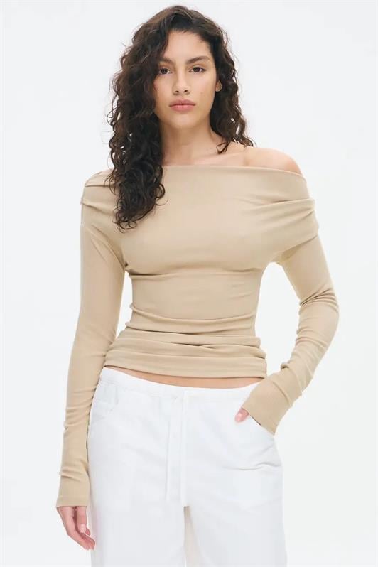 MDX Bej Kadın Off Shoulder Uzun Kollu Bluz MG2567 - Grapevine