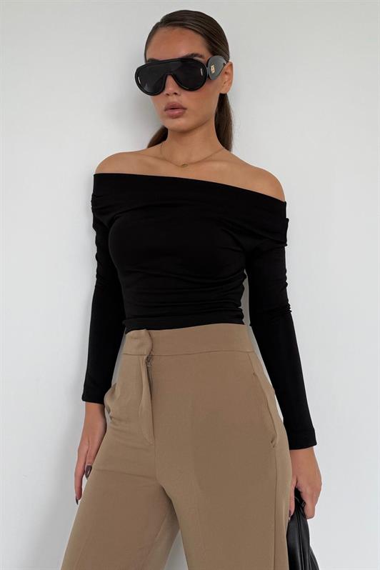 MDX Siyah Kadın Off Shoulder Uzun Kollu Bluz MG2567 - Lingen