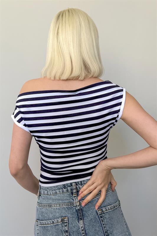 MDX Navy Blue Off-Shoulder Striped Blouse Mg2467 - Apple Valley