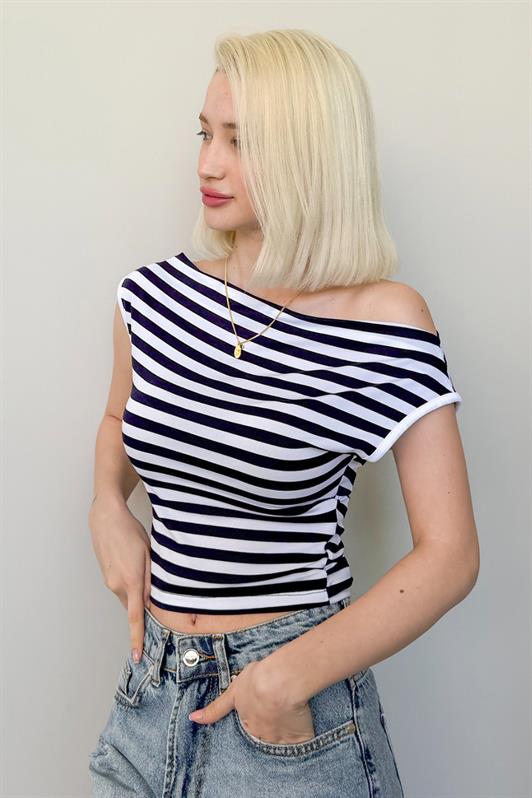 MDX Navy Blue Off-Shoulder Striped Blouse Mg2467 - Apple Valley