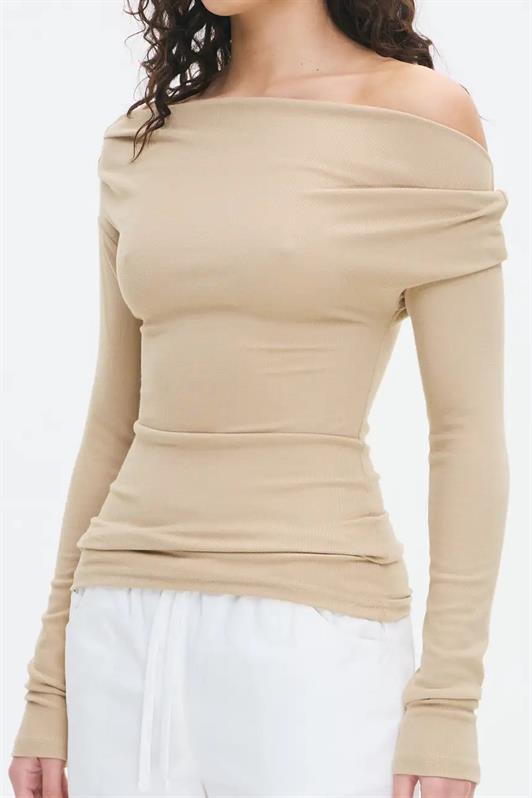 MDX Bej Kadın Off Shoulder Uzun Kollu Bluz MG2567 - Grapevine