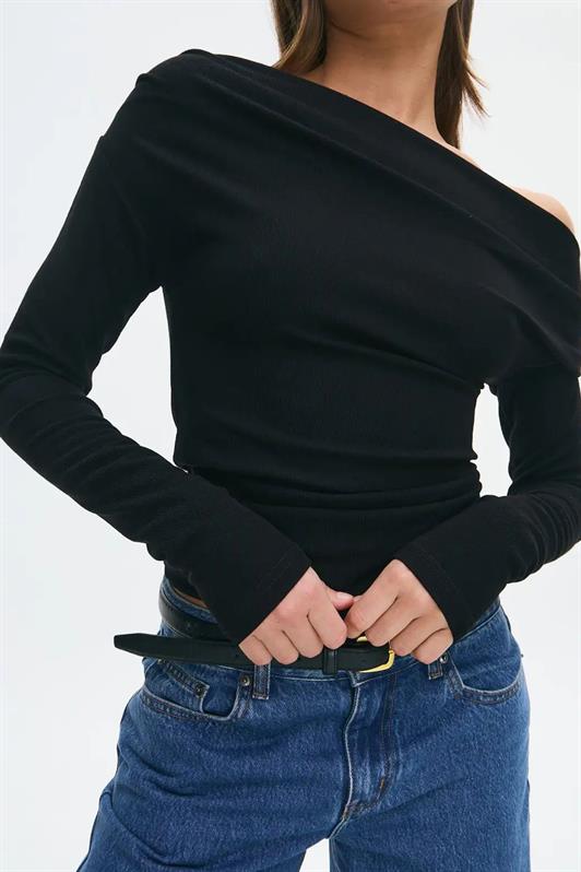 MDX Siyah Kadın Off Shoulder Uzun Kollu Bluz MG2567 - Lingen