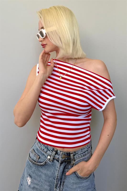 MDX Red Off-Shoulder Striped Blouse Mg2467 - Caen