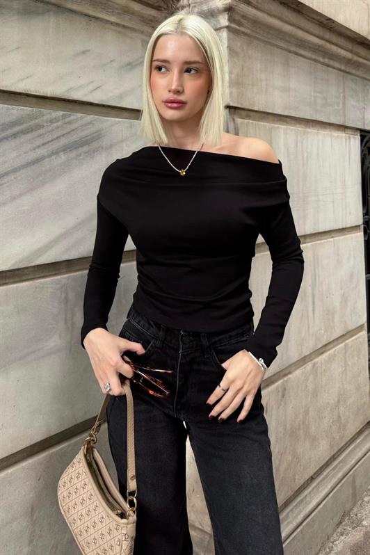 MDX Siyah Kadın Off Shoulder Uzun Kollu Bluz MG2567 - Lingen