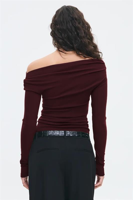 MDX Burgundy Women's Off Shoulder Long Sleeve Blouse MG2567 - Acambay