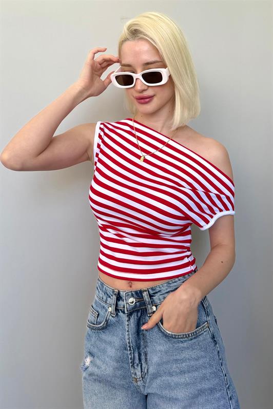 MDX Red Off-Shoulder Striped Blouse Mg2467 - Caen