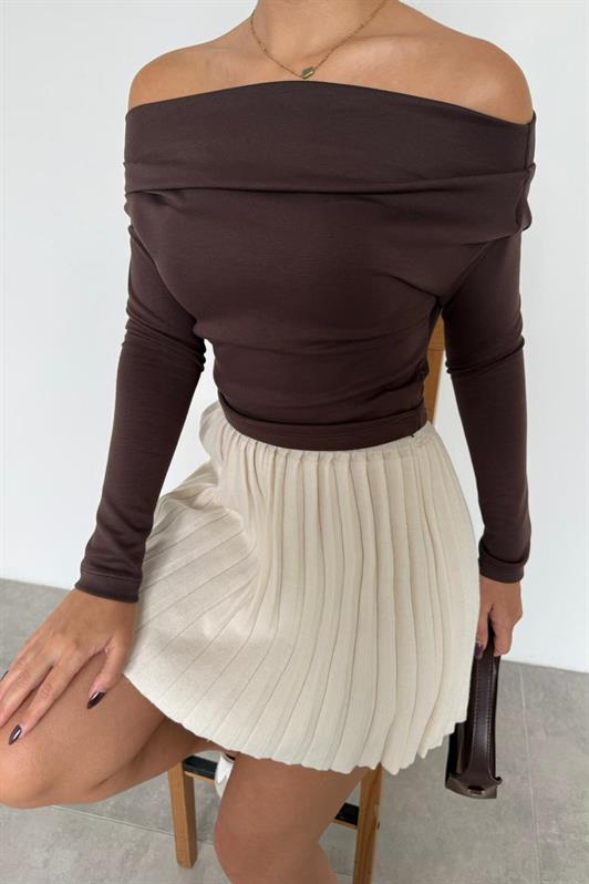 MDX Kahverengi Kadın Off Shoulder Uzun Kollu Bluz MG2567 - Coevorden