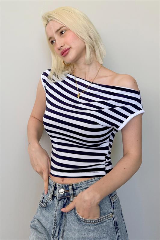 MDX Navy Blue Off-Shoulder Striped Blouse Mg2467 - Apple Valley