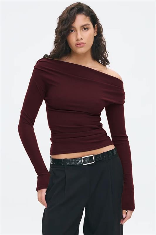 MDX Burgundy Women's Off Shoulder Long Sleeve Blouse MG2567 - Acambay
