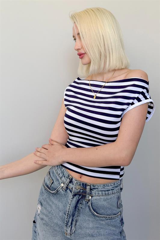 MDX Navy Blue Off-Shoulder Striped Blouse Mg2467 - Apple Valley