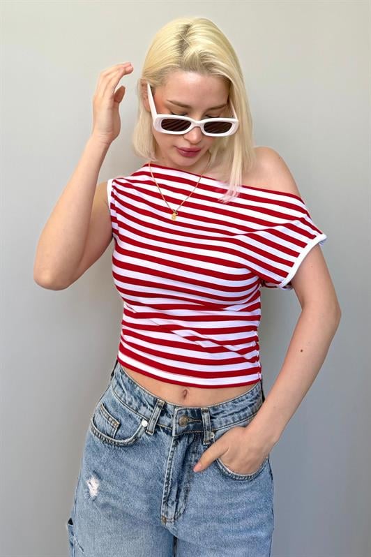 MDX Red Off-Shoulder Striped Blouse Mg2467 - Caen
