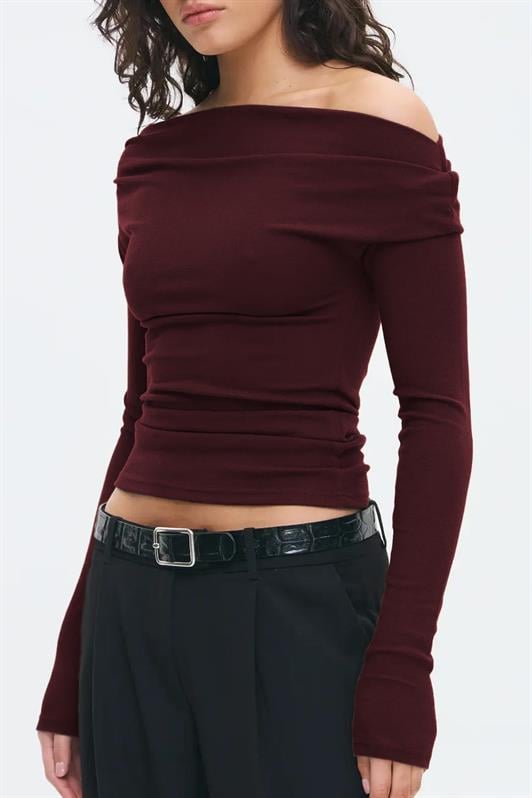 MDX Burgundy Women's Off Shoulder Long Sleeve Blouse MG2567 - Acambay