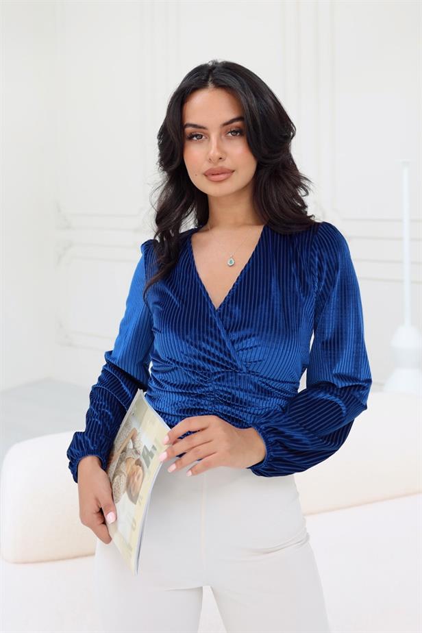 RYN Wholesale Ruched Detailed Sheer Velvet Blouse Blue - Sheffield