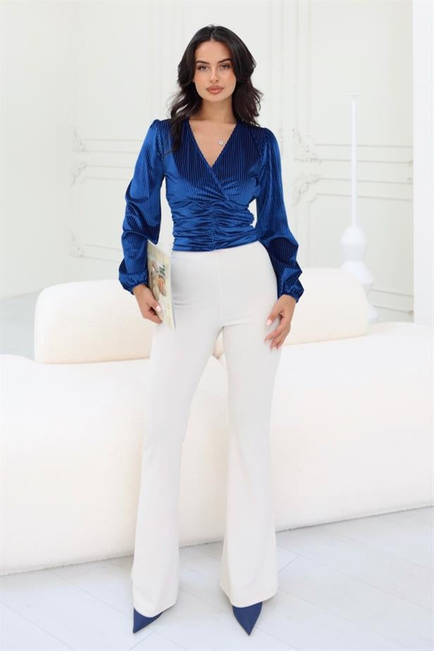 RYN Wholesale Ruched Detailed Sheer Velvet Blouse Blue - Sheffield