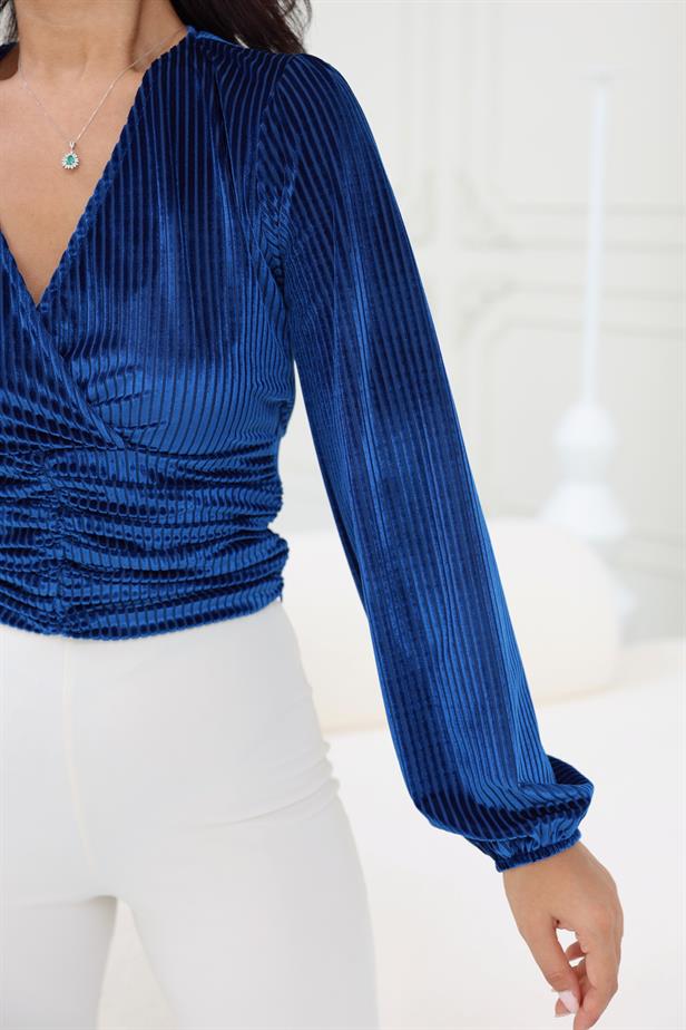 RYN Wholesale Ruched Detailed Sheer Velvet Blouse Blue - Sheffield