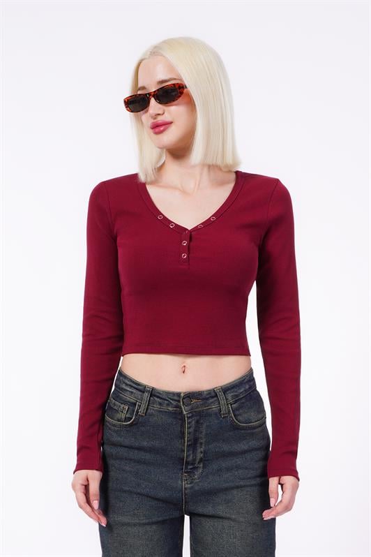 MDX Burgundy V-Neck Long Sleeve Button Detail Bodysuit MG2194 - A Coruña