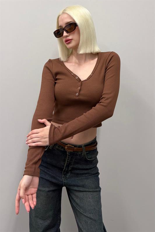 MDX Painful Brown V-Neck Long Sleeve Button Detail Bodysuit MG2194 - Georgetown