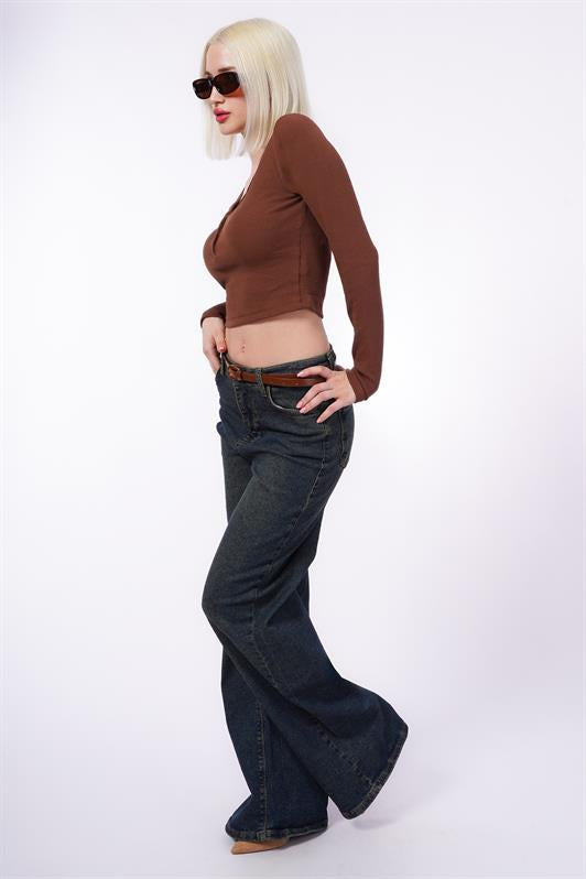 MDX Painful Brown V-Neck Long Sleeve Button Detail Bodysuit MG2194 - Georgetown