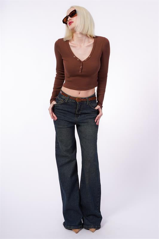 MDX Painful Brown V-Neck Long Sleeve Button Detail Bodysuit MG2194 - Georgetown