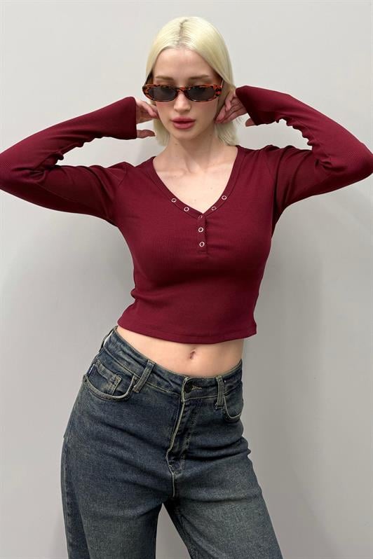 MDX Burgundy V-Neck Long Sleeve Button Detail Bodysuit MG2194 - A Coruña