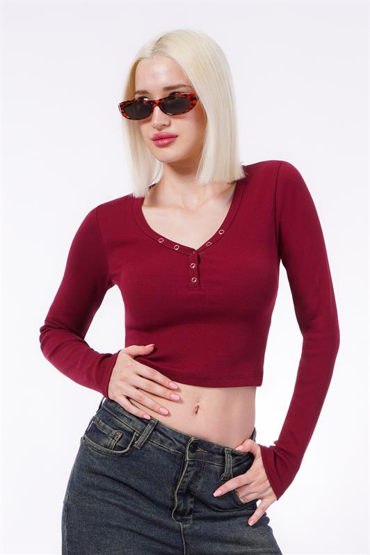MDX Burgundy V-Neck Long Sleeve Button Detail Bodysuit MG2194 - A Coruña
