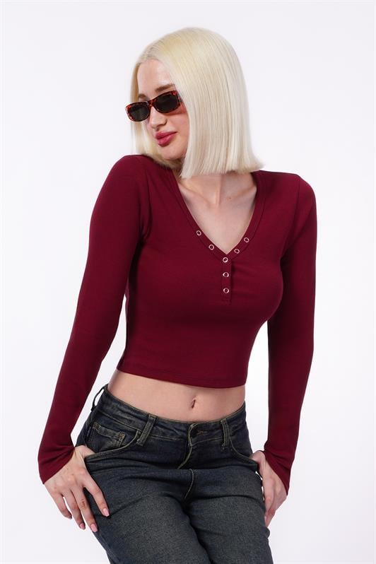 MDX Burgundy V-Neck Long Sleeve Button Detail Bodysuit MG2194 - A Coruña