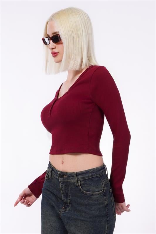 MDX Burgundy V-Neck Long Sleeve Button Detail Bodysuit MG2194 - A Coruña