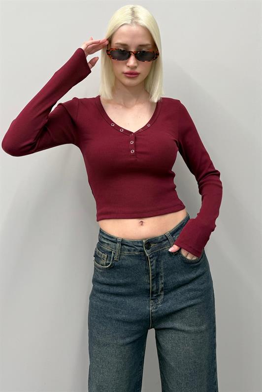 MDX Burgundy V-Neck Long Sleeve Button Detail Bodysuit MG2194 - A Coruña