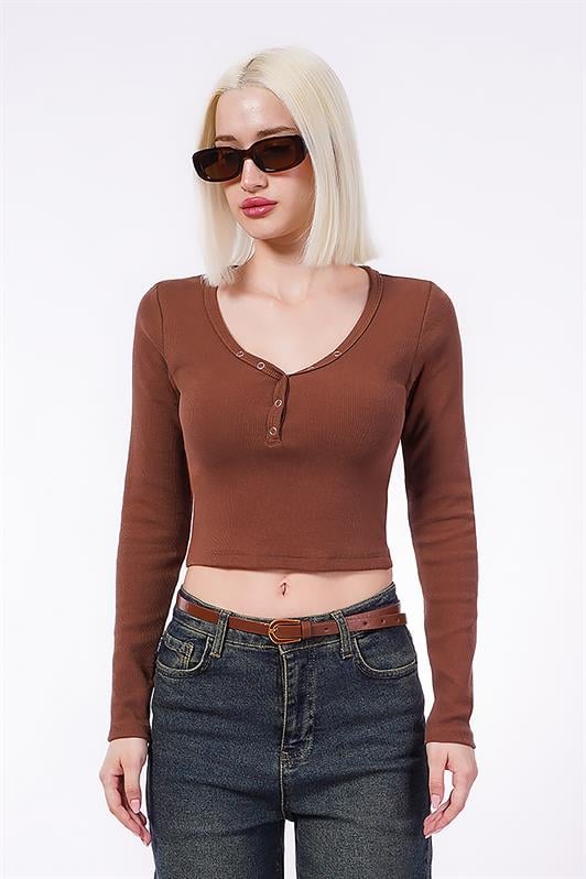 MDX Painful Brown V-Neck Long Sleeve Button Detail Bodysuit MG2194 - Georgetown