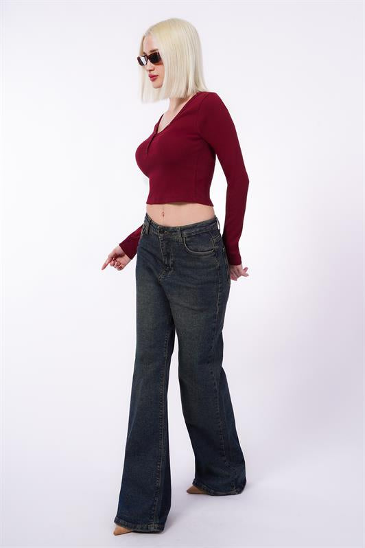 MDX Burgundy V-Neck Long Sleeve Button Detail Bodysuit MG2194 - A Coruña
